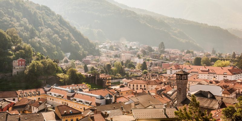 View of rooftops and the three castles of Bellinzona, Ticino, Switzerland